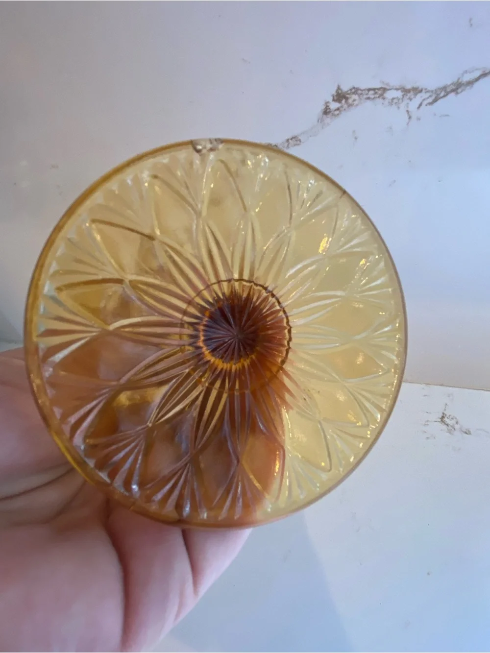 Vintage Fenton Style Amber Glass Pedestal Trinket Dish W/ Ruffled Rim 5” (read)
